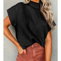 Ribbed Short Sleeve Pocketed Sweater - Black