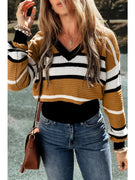 Stripe Cropped V-Neck Sweater - Brown and Black