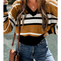 Stripe Cropped V-Neck Sweater - Brown and Black