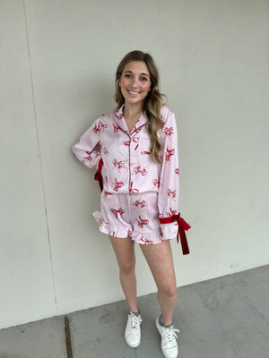 Christmas Long Sleeve Satin Bow Pajama Set