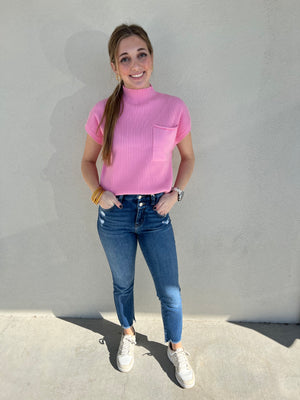 Ribbed Short Sleeve Pocketed Sweater - Pink