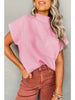 Ribbed Short Sleeve Pocketed Sweater - Pink