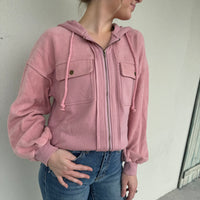 Flap Pocket Drawstring Hooded Jacket - Pink