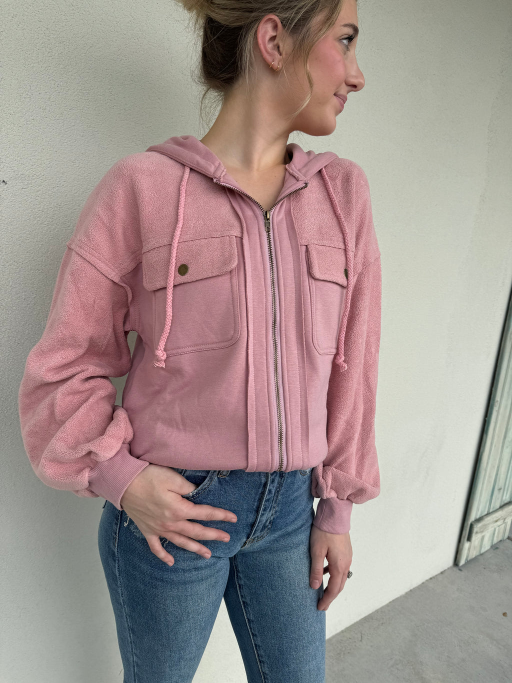 Flap Pocket Drawstring Hooded Jacket - Pink