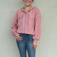 Flap Pocket Drawstring Hooded Jacket - Pink